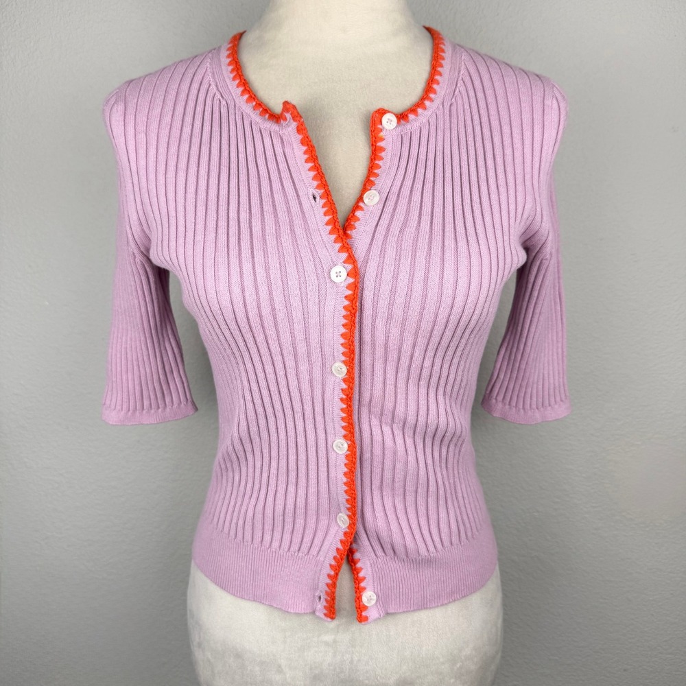 Boden Lilac Purple Ribbed Button Cardigan Orange Crochet Trim Cute Size XS